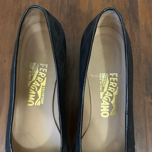 SALVATORE FERRAGAMO Slip-On Square Toe Pump Heels in Black Check Cloth - Picture 9 of 12